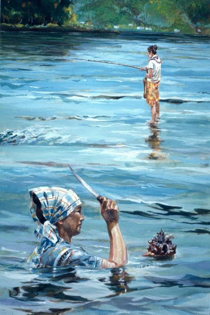 A Samoan woman cracks a piece of coral to extract a hidden sea urchin Picture