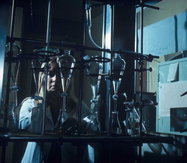 Technician at the BCF Ann Arbor Biological Laboratory determines concentration of pesticides in samples of river and lake water Picture