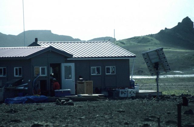 The Cape Shirreff field station, Livingston Islnad, showing the solar panel (right) that the scientists use to power their camps. Picture