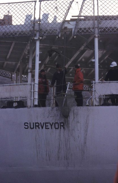 Scientists lower a small net off the back of the R/V Surveyor, used by the AMLR from 1987 to 1995. Picture