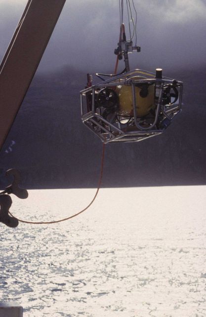 ROV being deployed from the R/V Surveyor. Picture
