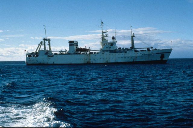 The Russian ship R/V YUZHMORGEOLOGIYA was chartered by the AMLR Program from 1996 through 2009. Picture