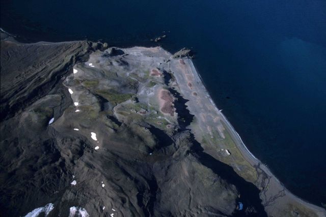 An aerial view of Copacabana field station and surrounding penguin colonies. Picture