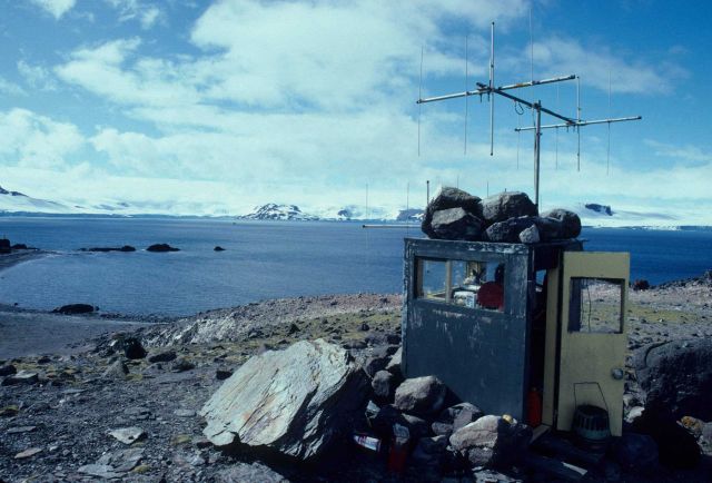 A remote observation shack must be anchored with heavy stones because of strong katabatic winds. Picture