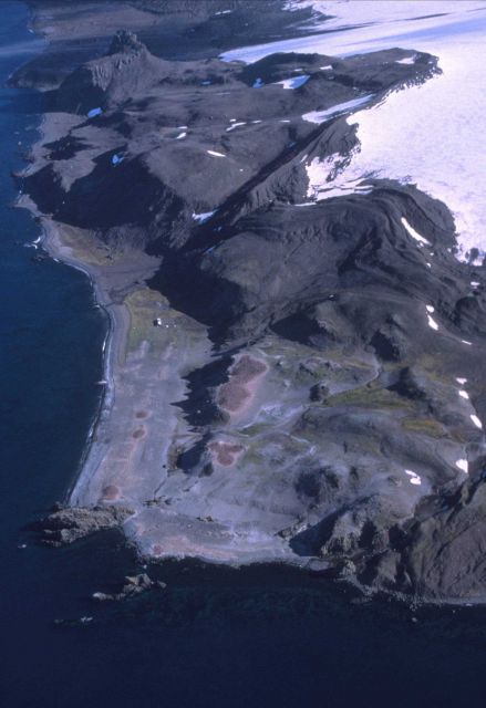 An aerial view of the Copacabana field station, with surrounding penguin colonies, King George Island. Picture