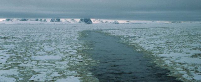 A water trail through pancake ice, made by a research vessel. Picture