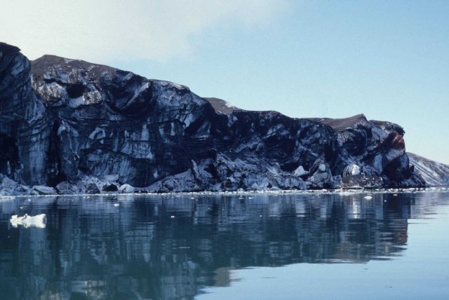 The volcanic origins of the South Shetland Islands are evident in this cliffside formation. Picture