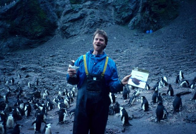 A penguin biologist with good humor. Picture