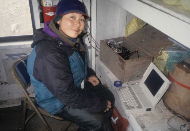 Antarctic researcher Lisa Hiruki-Raring downloads data in the observation blind at North Cove, Seal Island. Picture