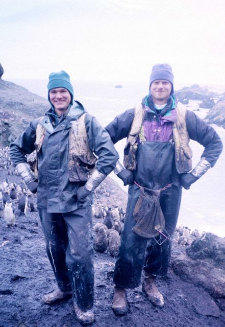 Penguin biologists William Meyer and John Jansen prepare to weigh penguin chicks. Picture