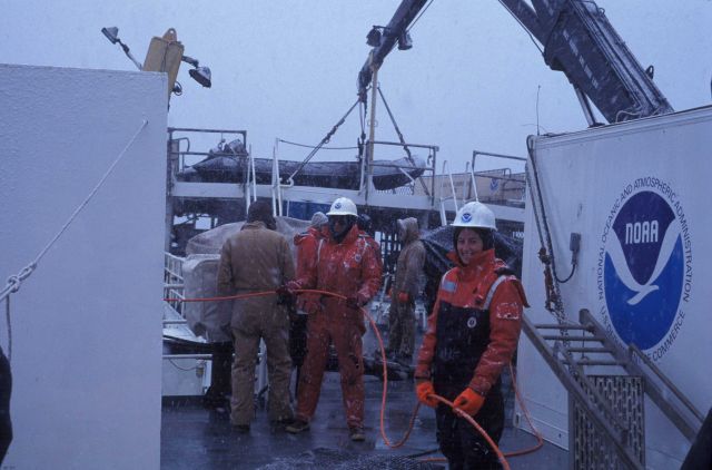 Jane Rosenberg handling ROV umbilical cord on NOAA Ship Surveyor. Picture