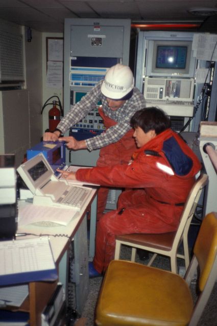 In the computer room aboard the NOAA Ship SURVEYOR. Picture