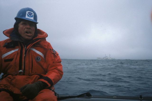 AMLR scientist leaving NOAA Ship SURVEYOR on zodiac for Seal Island. Picture