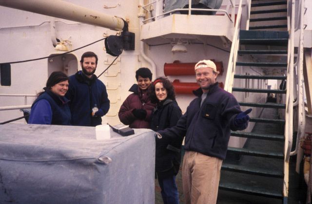 Bill Cobb, Wes Armstrong and AMLR scientists aboard the R/V Yuzhmorgeologiya. Picture