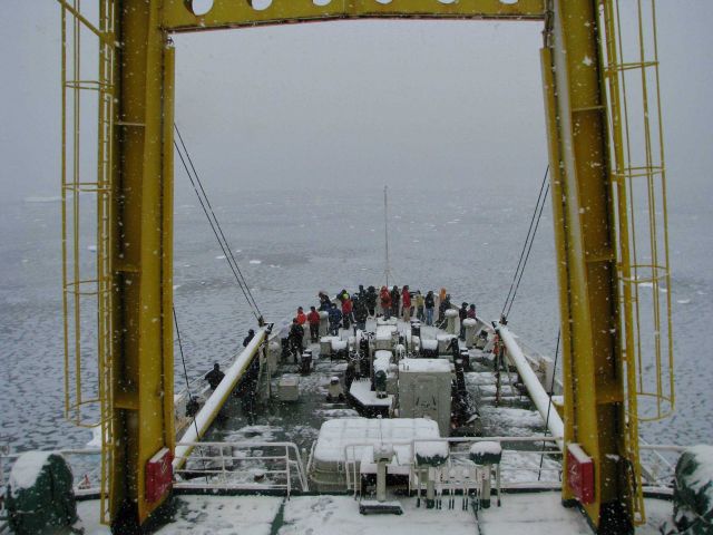 AMLR scientists and Russian crew peer over the bow of the R/V Yuzhmorgeologiya as the ship slowly makes it way through icy waters in an Antarctic snow Picture