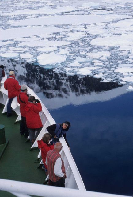 AMLR scientists peer over the bow as their ship slowly pushes through a layer of pancake ice. Picture