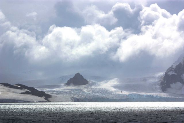 A mountain almost buried by a glacier. Picture