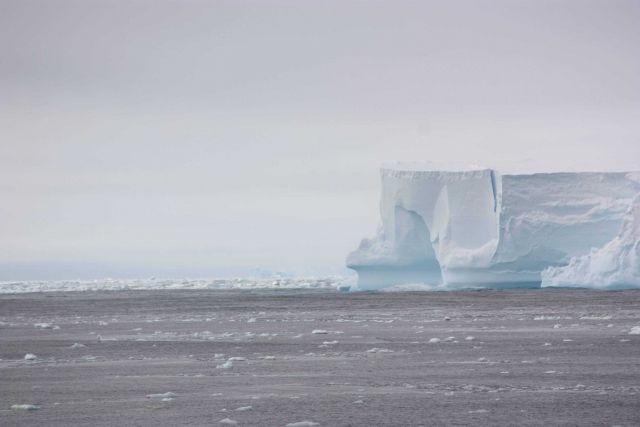 The edge of a tabular iceberg, in the icy Southern Ocean. Picture