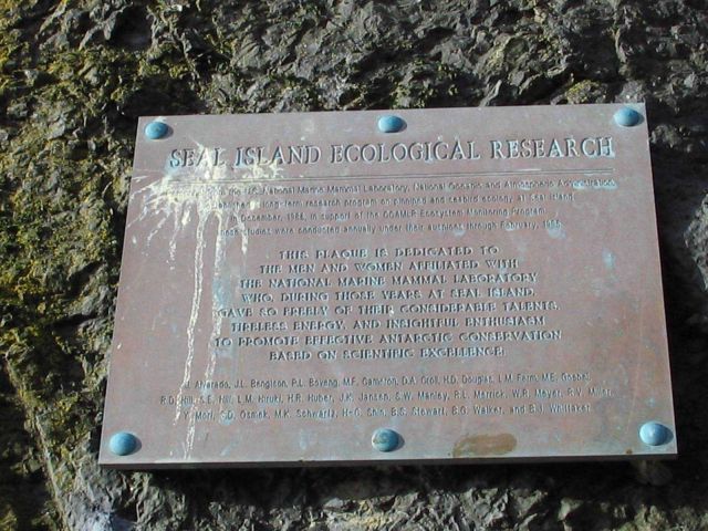 A memorial plaque is the only thing that remains of the field station on Seal Island. Picture