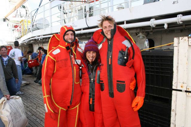 The aft deck of the R/V Yuzhmorgeologiya during a safety drill . Picture