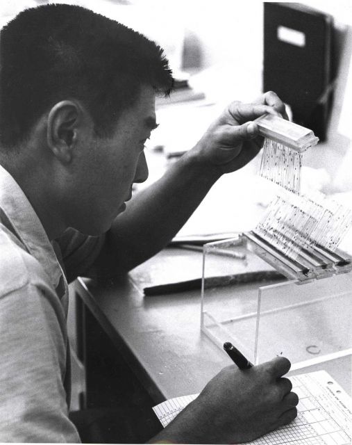 In the genetics laboratory, a technician checks the results of agglutination tests of the blood of fishes, in this instance skipjack tuna. Picture