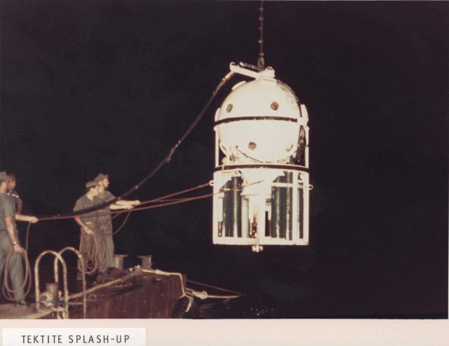 Splash up! Personnel transfer capsule is raised from Great Lameshur Bay with first two Tektite aquanauts following two months continuous stay underwat Picture