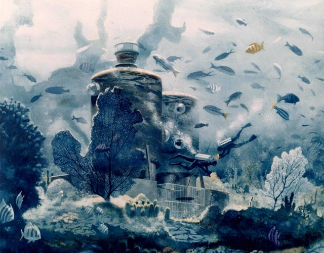 Artist's conception of Tektite I habitat with working divers in water Picture