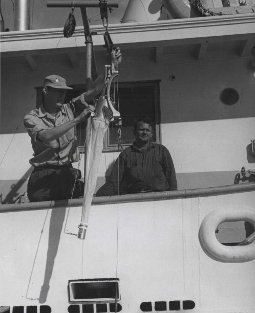 Plankton sampler ready for deployment and being attached to tow line Picture