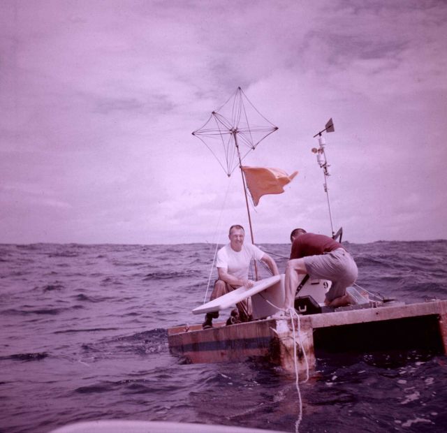 Preparing instruments on a makeshift floating instrumented platform. Picture