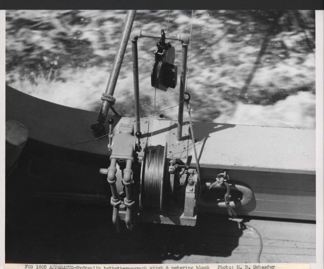 Hydraulic bathythermograph winch and metering block on board the Fisheries Research Vessel HUGH M Picture