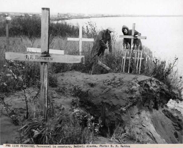 Portions of the Bethel cemetery eroding into the Kuskokwim River. Picture
