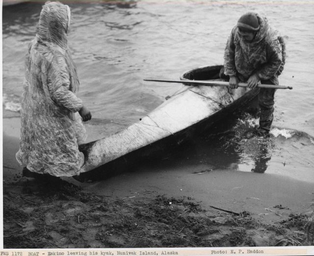 Eskimo exiting kayak on shore Picture