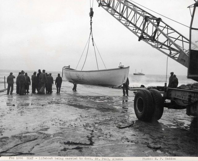 Lifeboat being launched to obtain supplies from FWS ship DENNIS WINN Picture