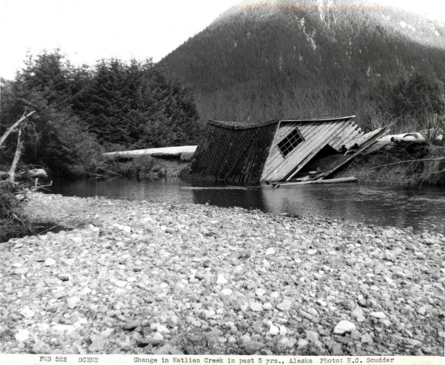 Dwelling in creek reflecting change in Katlian Creek over past five years. Picture
