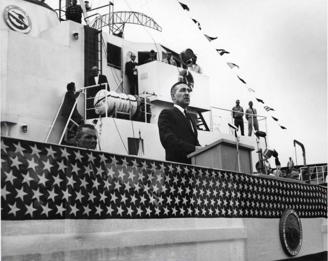 Secretary of Interior Stewart Udall speaking at dedication ceremony of ALBATROSS IV. Picture