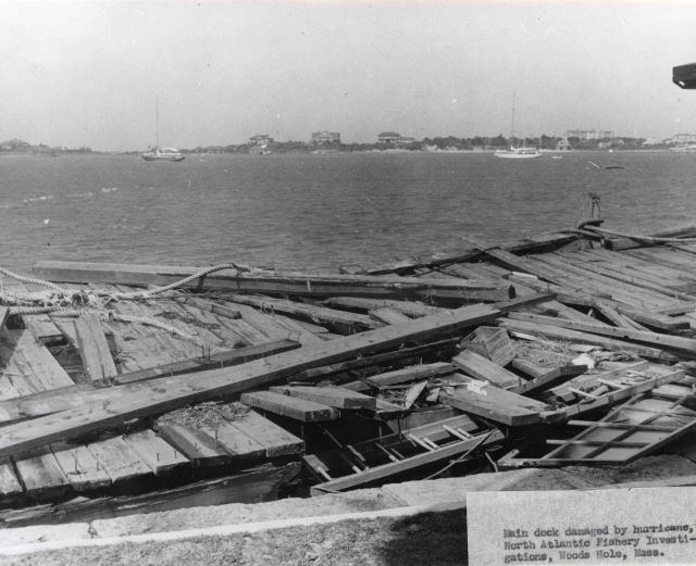 Main dock damaged at Woods Hole BCF Biological Laboratory by Hurricane Carol. Picture