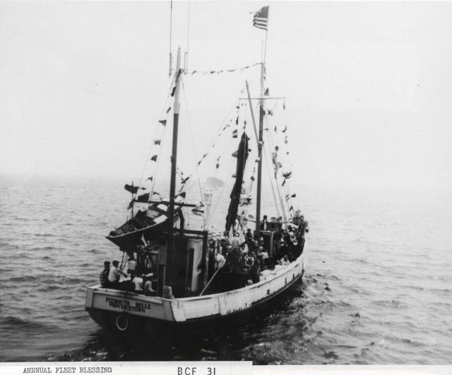 The fishing vessel PLYMOUTH BELLE with family and crew members aboard during Annual Blessing of the Fleet. Picture
