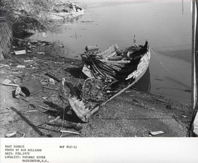 Derelict boat left to rot along the banks of the Potomac River. Picture