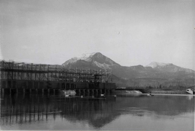 Bonneville Dam forebay showing rafts and floats holding fyke nets in postion. Picture