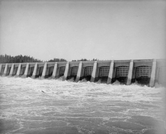 An indication of the power of the Columbia River is demonstrated in this photo of the downstream side of the dam. Picture