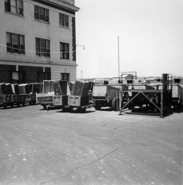 Boxes and carts used to unload fish at the Boston Fish Pier. Picture