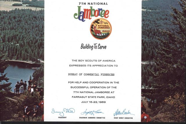 Certificate of appreciation from Boy Scouts of America for participation in the 7th National Jamboree in Coeur d'Alene, Idaho. Picture