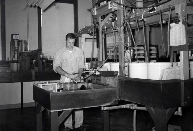 Biologist working in a clam hatchery. Picture