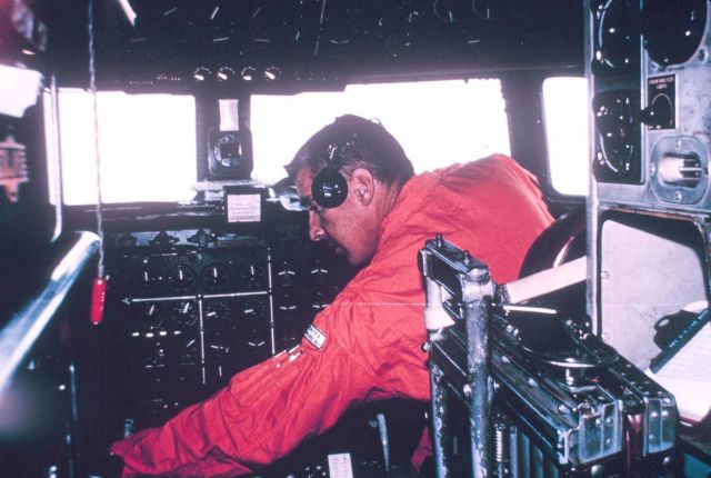 Cockpit of DC-6 with pilot. Picture