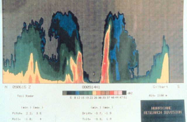 Precipitation intensity display of Hurricane Gilbert derived from tail doppler radar. Picture