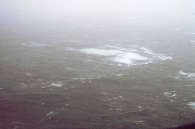 Sea surface from approximately 500 feet altitude in 60 knots wind speed in Hurricane Emmy. Picture