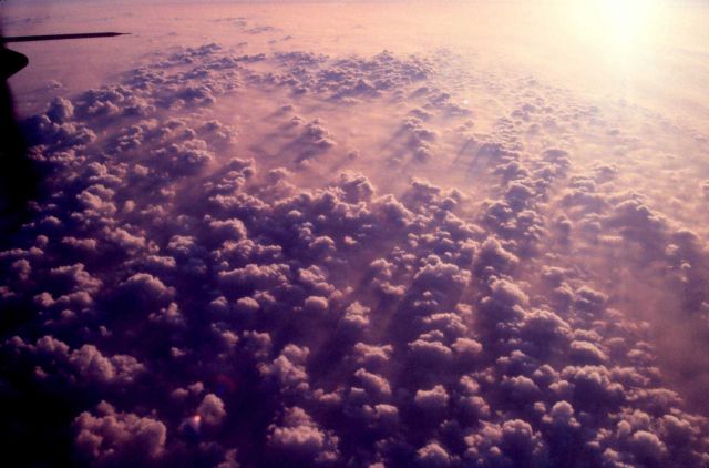 Puffy cumulus illuminated by late afternoon sun far below a NOAA P-3 returning to base at after a mission. Picture