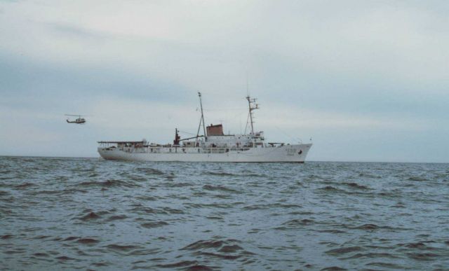Bell UH-1M landing on SURVEYOR in Bristol Bay near Dillingham. Picture