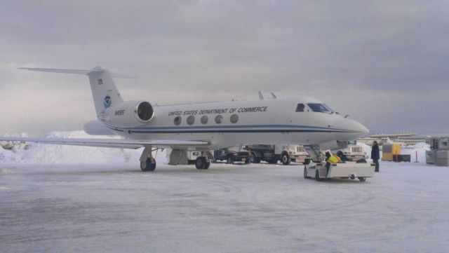 NOAA Gulfstream IV at Anchorage airport between flights of Winter Storms Reconnaissance missions over the North Pacific Ocean. Picture