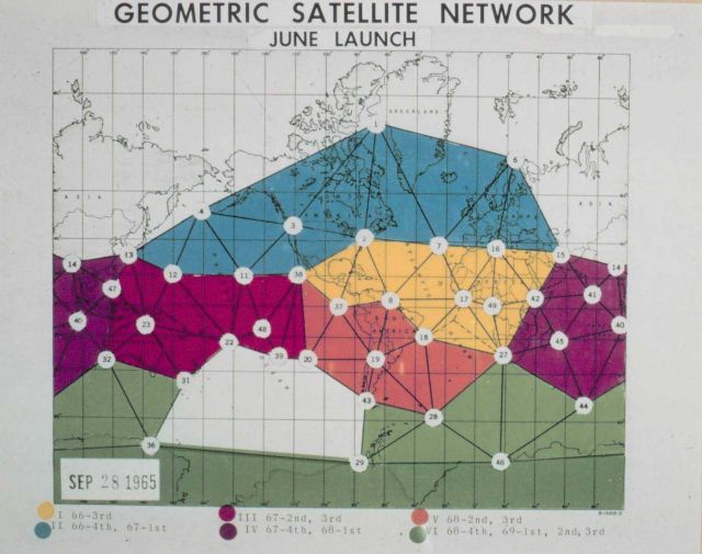 Different colors on map display different phases of satellite triangulation program. Picture